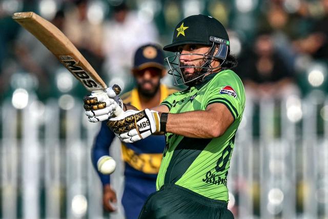 Pakistan's Salman Agha plays a shot during the tri-series one-day international (ODI) cricket match between Pakistan and Sri Lanka at the Rawalpindi Cricket Stadium in Rawalpindi on October 18, 2026. (Photo by Aamir QURESHI / AFP)