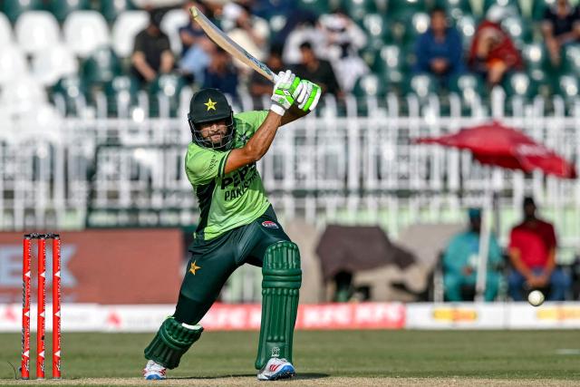 Pakistan's Hasan Nawaz plays a shot during the tri-series one-day international (ODI) cricket match between Pakistan and Sri Lanka at the Rawalpindi Cricket Stadium in Rawalpindi on October 18, 2026. (Photo by Aamir QURESHI / AFP)
