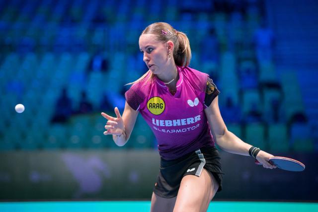 Germany’s Annett Kaufmann competes against Germany’s Nina Mittelham during the women’s singles semi-final match of the 2026 ETTU European Individual Table Tennis Championships at the Arena Stozice in Ljubljana, Slovenia on October 18, 2026. (Photo by Jure Makovec / AFP)