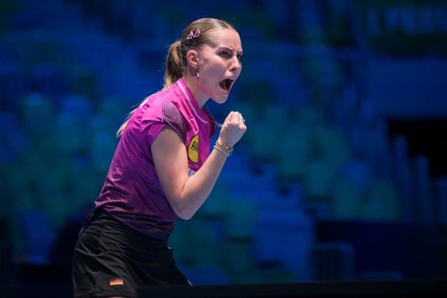Germany’s Annett Kaufmann competes against Germany’s Nina Mittelham during the women’s singles semi-final match of the 2026 ETTU European Individual Table Tennis Championships at the Arena Stozice in Ljubljana, Slovenia on October 18, 2026. (Photo by Jure Makovec / AFP)