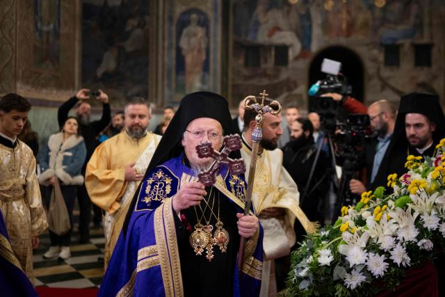 Ecumenical Patriarch Bartholomew I of Constantinople (C) leads a service at Alexander Nevsky Cathedral in Sofia on October 18, 2026. (Photo by Nikolay DOYCHINOV / AFP)