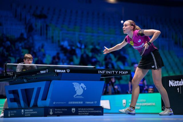 Germany’s Annett Kaufmann competes against Germany’s Nina Mittelham during the women’s singles semi-final match of the 2026 ETTU European Individual Table Tennis Championships at the Arena Stozice in Ljubljana, Slovenia on October 18, 2026. (Photo by Jure Makovec / AFP)