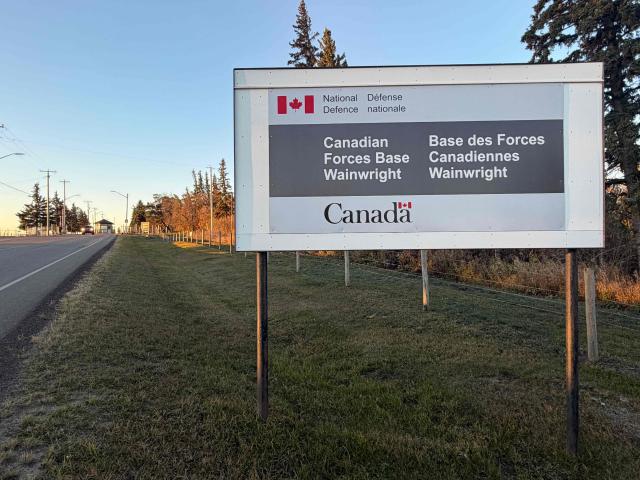 A view near the entrance of the Canadian Forces Base (CFB) Wainwright military base, in Wainwright, Alberta, Canada, on October 18, 2026. A "serious incident" at a military base in western Canada killed and injured multiple people and sparked a huge blaze on October 17, the government said. Canadian Prime Minister Mark Carney posted on X that "a serious incident creating a major fire" had occurred at Canadian Forces Base Wainwright military base in western Alberta province. (Photo by Daphné LEMELIN / AFP)