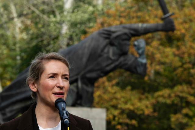 Co-leader of the Left party (Die Linke) Ines Schwerdtner addresses demonstrators at a Berlin memorial for German members of the International Brigades who fought for Republican Spain during the Spanish Civil War (1936-39), during a commemoration by various leftist organisations on the 90th anniversary of the start of the war, and the formation of the International Brigades, on October 18, 2026. Some 4,000 to 5,000 German volunteers, many of them anti-fascist exiles, communists, and working-class veterans of the Weimar Republic, fought in Spain. (Photo by John MACDOUGALL / AFP)