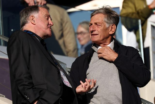 Chairman of Stade rennais FC Nicolas De Tavernost (R) looks on ahead of the French L1 football match between Paris FC and Stade Rennais FC at Jean-Bouin Stadium in Paris on October 18, 2026. (Photo by FRANCK FIFE / AFP)