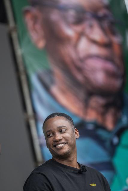 UmKhonto we Sizwe Party's (MKP) First President Duduzane Zuma gestures during an election campaign mini rally in Umgababa, south of Durban on October 18, 2026, ahead of the country’s upcoming municipal elections. (Photo by RAJESH JANTILAL / AFP)