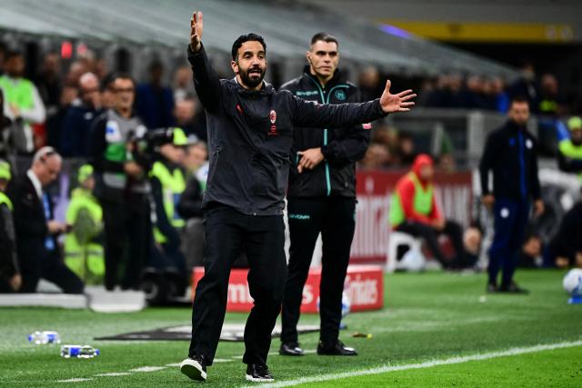 AC Milan's Portuguese coach Ruben Amorim reacts during the Italian Serie A football match between AC Milan and Atalanta at the San Siro Stadium in Milan on October 18, 2026. (Photo by Piero CRUCIATTI / AFP)