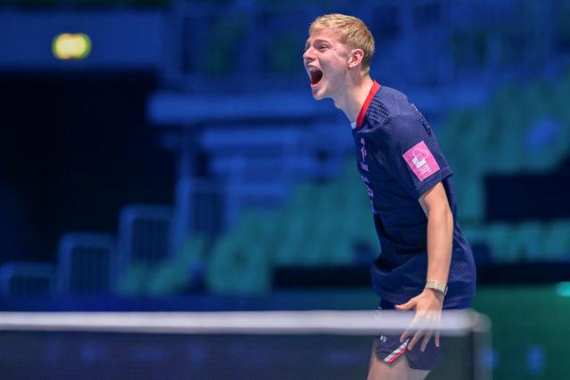 France’s Felix Lebrun celebrates after winning the men’s singles final match of the 2026 ETTU European Individual Table Tennis Championships at the Arena Stozice in Ljubljana, Slovenia on October 18, 2026. (Photo by Jure Makovec / AFP)