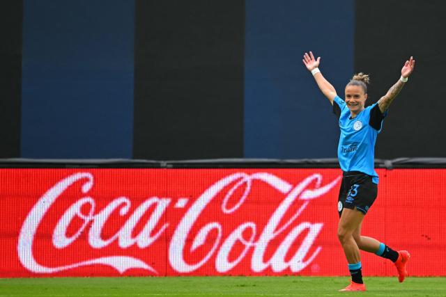 Belgrano's Uruguayan forward #13 Alaides Paz celebrates after scoring a goal during the 2026 Women's Copa Libertadores Group B football match between Argentina's Belgrano and Brazil's Palmeiras at the Banco Guayaquil Stadium in Quito on October 18, 2026. (Photo by Rodrigo BUENDIA / AFP)