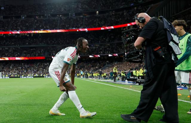 Real Madrid's Ivorian forward  #25 Yan Diomande celebrates scoring his team's fourth goal during the Spanish league football match between Real Madrid CF and Sevilla FC at the Santiago Bernabeu stadium in Madrid on October 18, 2026. (Photo by Oscar DEL POZO / AFP)