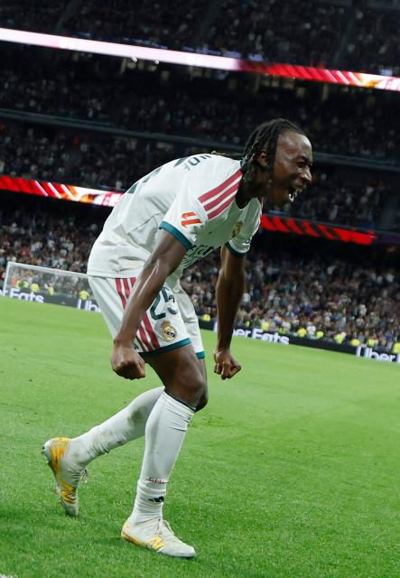 Real Madrid's Ivorian forward  #25 Yan Diomande celebrates scoring his team's fourth goal during the Spanish league football match between Real Madrid CF and Sevilla FC at the Santiago Bernabeu stadium in Madrid on October 18, 2026. (Photo by Oscar DEL POZO / AFP)