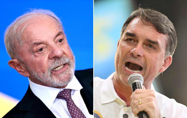 (FILES) (COMBO) This combination of file pictures created on Setember 29, 2026, shows Brazil's President Luiz Inacio Lula da Silva at the Planalto Palace in Brasilia on September 16, 2026; and Brazil's right-wing Presidential candidate Flavio Bolsonaro at the Maracanazinho gymnasium in Rio de Janeiro, Brazil, on August 22, 2026. After a day of energetic rallies by their supporters, Brazil's leftist President Luiz Inacio Lula da Silva and right-wing senator Flavio Bolsonaro will go head-to-head Sunday in their first debate, a week ahead of a bitter and deeply divisive presidential runoff. (Photo by Evaristo SA and Mauro PIMENTEL / AFP)