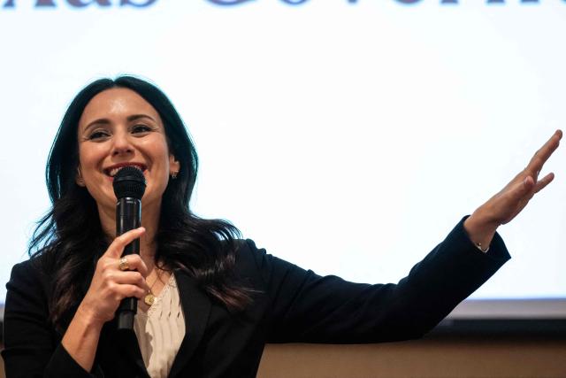 Texas Democratic gubernatorial candidate Gina Hinojosa speaks during a campaign rally at Brentwood Baptist Church in Houston, on October 18, 2026. Hinojosa is campaigning against current Texas Governor Greg Abbott. (Photo by RONALDO SCHEMIDT / AFP)