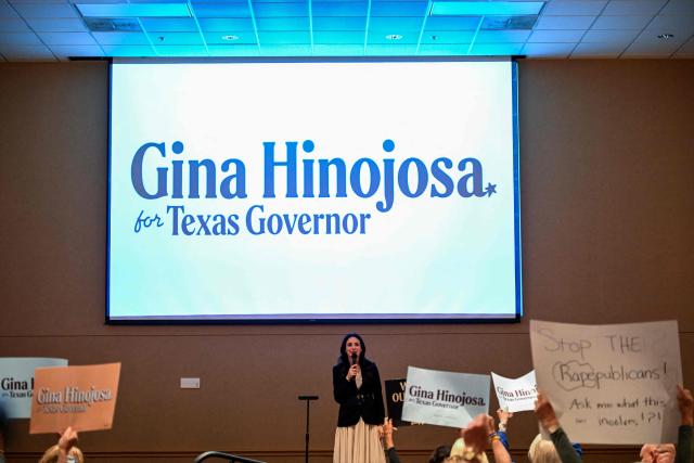 Texas Democratic gubernatorial candidate Gina Hinojosa speaks during a campaign rally at Brentwood Baptist Church in Houston, on October 18, 2026. Hinojosa is campaigning against current Texas Governor Greg Abbott. (Photo by RONALDO SCHEMIDT / AFP)