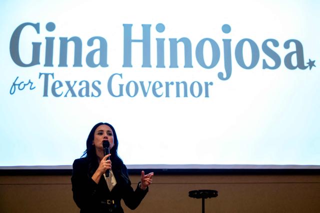 Texas Democratic gubernatorial candidate Gina Hinojosa speaks during a campaign rally at Brentwood Baptist Church in Houston, on October 18, 2026. Hinojosa is campaigning against current Texas Governor Greg Abbott. (Photo by RONALDO SCHEMIDT / AFP)