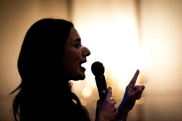 Texas Democratic gubernatorial candidate Gina Hinojosa speaks during a campaign rally at Brentwood Baptist Church in Houston, on October 18, 2026. Hinojosa is campaigning against current Texas Governor Greg Abbott. (Photo by RONALDO SCHEMIDT / AFP)