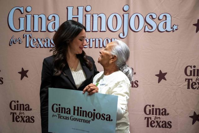 Texas Democratic gubernatorial candidate Gina Hinojosa greets supporters during a campaign rally at Brentwood Baptist Church in Houston, on October 18, 2026. Hinojosa is campaigning against current Texas Governor Greg Abbott. (Photo by RONALDO SCHEMIDT / AFP)
