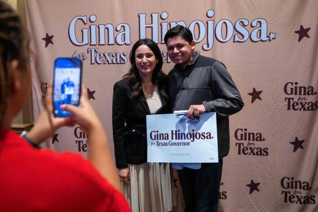 Texas Democratic gubernatorial candidate Gina Hinojosa greets supporters during a campaign rally at Brentwood Baptist Church in Houston, on October 18, 2026. Hinojosa is campaigning against current Texas Governor Greg Abbott. (Photo by RONALDO SCHEMIDT / AFP)
