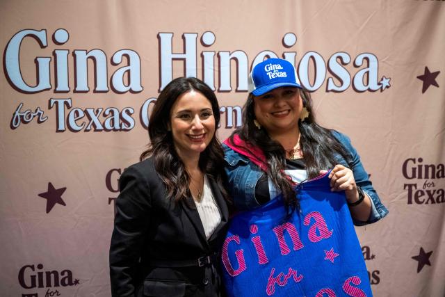 Texas Democratic gubernatorial candidate Gina Hinojosa greets supporters during a campaign rally at Brentwood Baptist Church in Houston, on October 18, 2026. Hinojosa is campaigning against current Texas Governor Greg Abbott. (Photo by RONALDO SCHEMIDT / AFP)