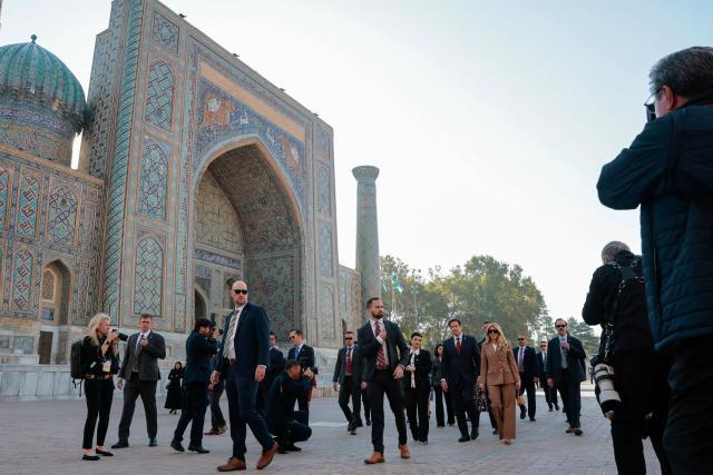 US Secretary of State Marco Rubio and his wife Jeanette Dousdebes Rubio visit Registan Square in Samarkand, Uzbekistan, on October 19, 2026. (Photo by Kylie Cooper / POOL / AFP)