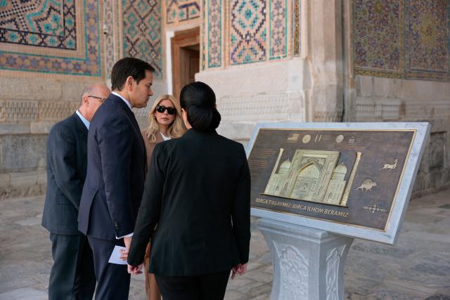 US Secretary of State Marco Rubio and his wife Jeanette Dousdebes Rubio visit Registan Square in Samarkand, Uzbekistan, on October 19, 2026. (Photo by Kylie Cooper / POOL / AFP)