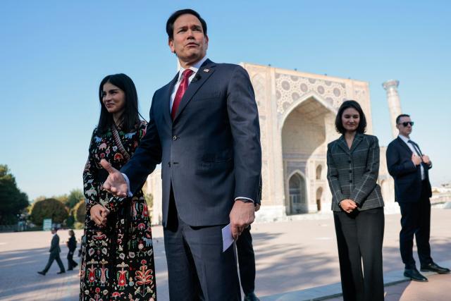 US Secretary of State Marco Rubio speaks to the press next to Uzbekistan's Head of the Presidential Administration Saida Mirziyoyeva (L) at Registan Square in Samarkand, Uzbekistan, on October 19, 2026. (Photo by Kylie Cooper / POOL / AFP)