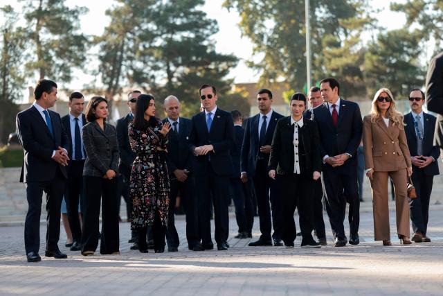 US Secretary of State Marco Rubio (3rd R) and his wife Jeanette Dousdebes Rubio (2nd R), Uzbekistan's Foreign Minister Bakhtiyor Saidov, Head of the Presidential Administration of Uzbekistan Saida Mirziyoyeva and US Ambassador to India Sergio Gor tour Registan Square in Samarkand, Uzbekistan, on October 19, 2026. (Photo by Kylie Cooper / POOL / AFP)