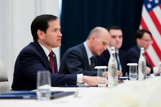 US Secretary of State Marco Rubio (L) attends a meeting with Uzbekistan's Foreign Minister Bakhtiyor Saidov at the Congress Center in Samarkand, Uzbekistan, on October 19, 2026. (Photo by Kylie Cooper / POOL / AFP)