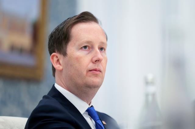 US Ambassador to India Sergio Gor looks on during a meeting between US Secretary of State Marco Rubio and Uzbekistan's Foreign Minister Bakhtiyor Saidov at the Congress Center in Samarkand, Uzbekistan, on October 19, 2026. (Photo by Kylie Cooper / POOL / AFP)