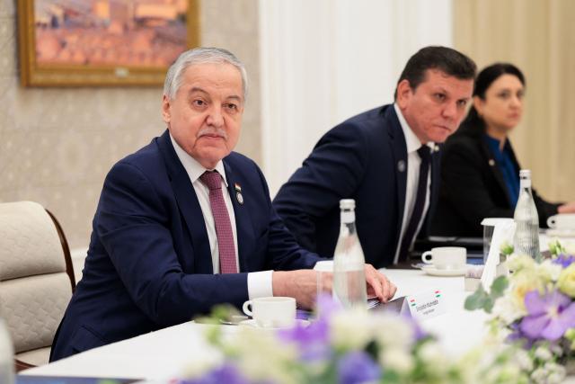 Tajikistan's Foreign Minister Sirojiddin Muhriddin attends a meeting with US Secretary of State Marco Rubio at the Congress Center in Samarkand, Uzbekistan, on October 19, 2026. (Photo by Kylie Cooper / POOL / AFP)