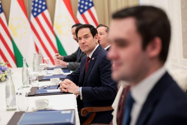 US Secretary of State Marco Rubio attends a meeting with Tajikistan's Foreign Minister Sirojiddin Muhriddin at the Congress Center in Samarkand, Uzbekistan, on October 19, 2026. (Photo by Kylie Cooper / POOL / AFP)