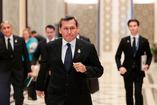 Turkmenistan's Foreign Minister Rashid Meredov walks on the day of a meeting with US Secretary of State Marco Rubio at the Congress Center in Samarkand, Uzbekistan, on October 19, 2026. (Photo by Kylie Cooper / POOL / AFP)
