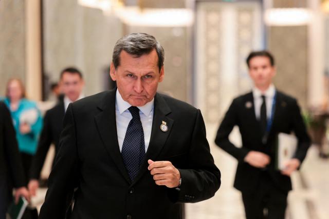 Turkmenistan's Foreign Minister Rashid Meredov walks on the day of a meeting with US Secretary of State Marco Rubio at the Congress Center in Samarkand, Uzbekistan, on October 19, 2026. (Photo by Kylie Cooper / POOL / AFP)