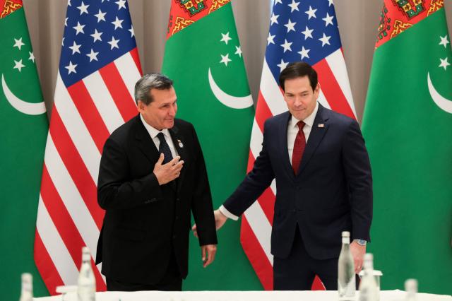 US Secretary of State Marco Rubio (R) meets with Turkmenistan's Foreign Minister Rashid Meredov at the Congress Center in Samarkand, Uzbekistan, on October 19, 2026. (Photo by Kylie Cooper / POOL / AFP)