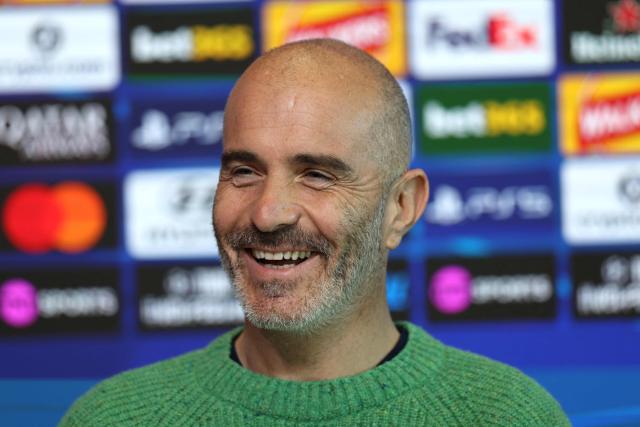 Manchester City's Italian manager Enzo Maresca smiles during a press conference at the Etihad Campus training ground in Manchester, north-west England, on October 19, 2026, the eve of their UEFA Champions League, league phase football match against AEK Athens. (Photo by Darren Staples / AFP)