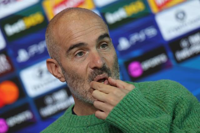 Manchester City's Italian manager Enzo Maresca gestures during a press conference at the Etihad Campus training ground in Manchester, north-west England, on October 19, 2026, the eve of their UEFA Champions League, league phase football match against AEK Athens. (Photo by Darren Staples / AFP)
