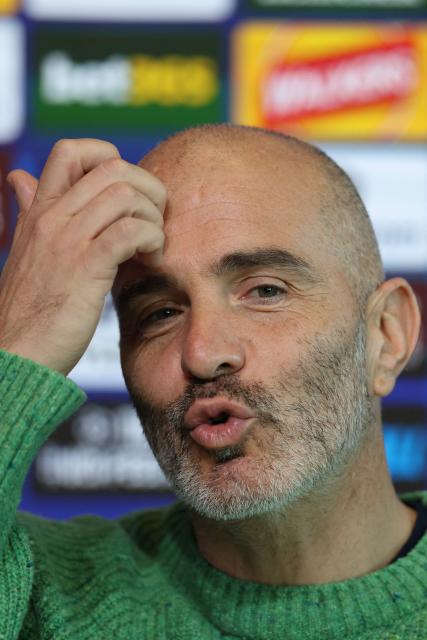 Manchester City's Italian manager Enzo Maresca gestures during a press conference at the Etihad Campus training ground in Manchester, north-west England, on October 19, 2026, the eve of their UEFA Champions League, league phase football match against AEK Athens. (Photo by Darren Staples / AFP)
