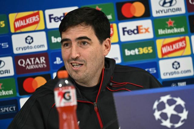 Liverpool's Spanish head coach Andoni Iraola attends a press conference at Anfield in Liverpool, north-west England on October 19, 2026, the eve of their UEFA Champions League, league phase football match against Villarreal. (Photo by Paul ELLIS / AFP)