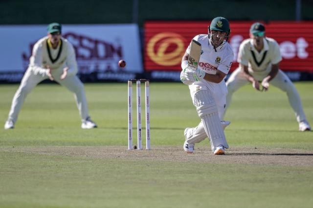 South Africa's Marques Ackerman plays a shot on day two of the second Test match between South Africa and Australia at St Georges Park in Gqeberha on October 19, 2026. (Photo by Marco Longari / AFP)