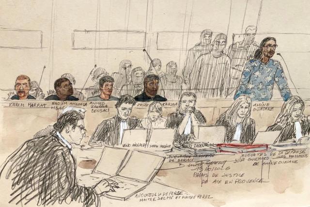 This court-sketch made on October 19, 2026 shows defendant Amine Oualane (R) testifying next to co-accused (from L) Karim Harrat, Nadjim Ahamada Mbae, Ahmed Zakaria Bensaci and Malik Kariba, during the opening day of their trial for involvement in the murders of Brahim Chabane, Reda Khaldi and Nassim Loubani, who were killed in Marseille between December 2020 and January 2021 in a case linked to drug trafficking and the DZ Mafia, in Aix-en-Provence, southeastern France, on October 19, 2026. (Photo by Benoit PEYRUCQ / AFP)