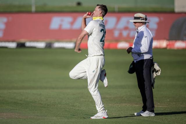 Australia's Beau Webster delivers a ball on day two of the second Test match between South Africa and Australia at St Georges Park in Gqeberha on October 19, 2026. (Photo by Marco Longari / AFP)