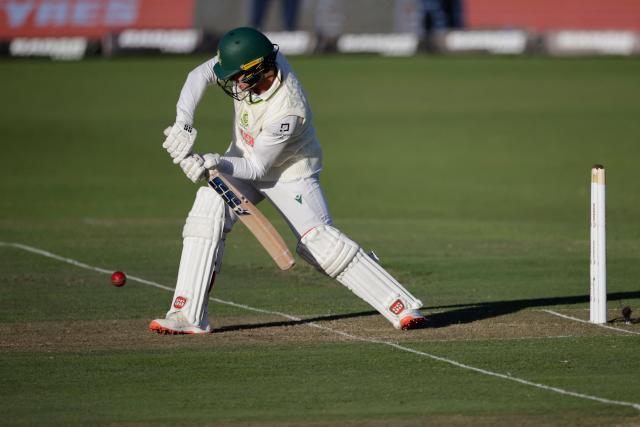 South Africa's Ryan Rickelton plays a shot on day two of the second Test match between South Africa and Australia at St Georges Park in Gqeberha on October 19, 2026. (Photo by Marco Longari / AFP)