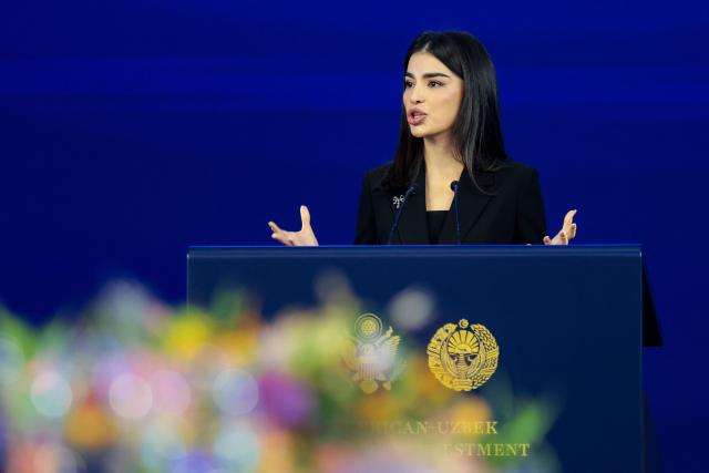 Saida Mirziyoyeva, daughter of Uzbekistan's President Shavkat Mirziyoyev and head of the Presidential Administration speaks during a dinner with US Secretary of State Marco Rubio and the American-Uzbek Business and Investment Council (AUBIC) at the Congress Center in Samarkand on October 19, 2026. (Photo by Kylie Cooper / POOL / AFP)
