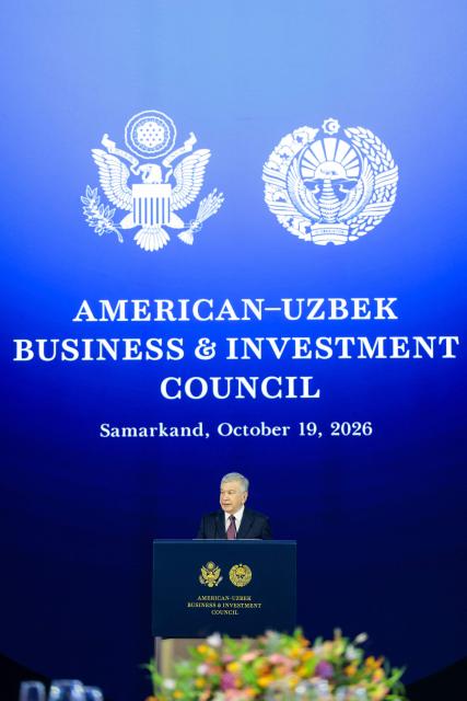 Uzbekistan's President Shavkat Mirziyoyev speaks during a dinner with US Secretary of State Marco Rubio and the American-Uzbek Business and Investment Council (AUBIC) at the Congress Center in Samarkand on October 19, 2026. (Photo by Kylie Cooper / POOL / AFP)