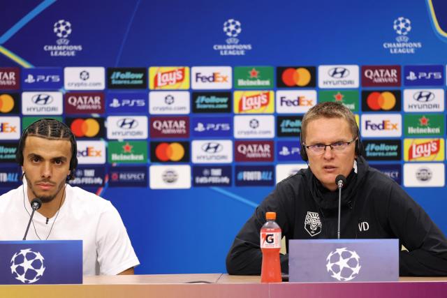 Sabah's Lithuanian Manager Valdas Dambrauskas and Sabah FK's Algerian defender #80 Akim Zedadka attend a press conference at the Baku Olympic Stadium in Baku on October 19, 2026, on the eve of the UEFA Champions League match between Sabah and Borussia Dortmund. (Photo by Giorgi ARJEVANIDZE / AFP)