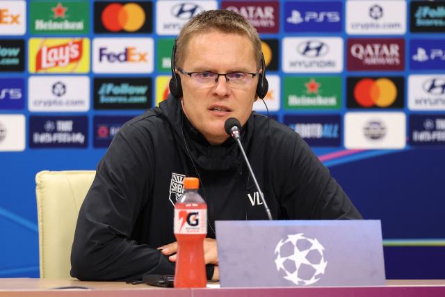 Sabah's Lithuanian Manager Valdas Dambrauskas addresses a press conference at the Baku Olympic Stadium in Baku on October 19, 2026, on the eve of the UEFA Champions League match between Sabah and Borussia Dortmund. (Photo by Giorgi ARJEVANIDZE / AFP)