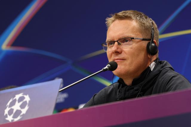 Sabah's Lithuanian Manager Valdas Dambrauskas addresses a press conference at the Baku Olympic Stadium in Baku on October 19, 2026, on the eve of the UEFA Champions League match between Sabah and Borussia Dortmund. (Photo by Giorgi ARJEVANIDZE / AFP)