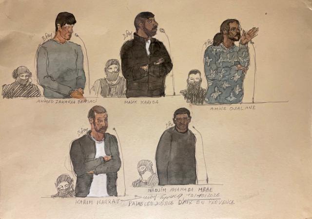 This court-sketch made on October 19, 2026 shows (From Top L to Bottom R) defendants  Ahmed Zakaria Bensaci, Malik Kariba, Amine Oualane, Karim Karrat and Nadjim Ahamada Mbae during the opening day of their trial for involvement in the murders of Brahim Chabane, Reda Khaldi and Nassim Loubani, who were killed in Marseille between December 2020 and January 2021 in a case linked to drug trafficking and the DZ Mafia, in Aix-en-Provence, southeastern France, on October 19, 2026. (Photo by Benoit PEYRUCQ / AFP)