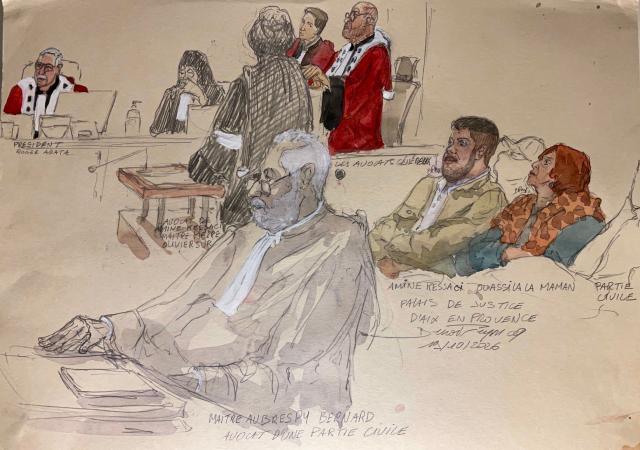This court-sketch made on October 19, 2026 shows President of the Chamber at the Aix-en-Provence Court of Appeal, Roger Arata (Top L), lawyer of Amine Kessaci -  Pierre-Olivier Sur (Top-C), lawyer for the civil party Bernard Aubrespy (Bottom-C),  plaintiff in the murder case of his brother Brahim, Amine Kessaci (2nd R) and his mother Ouassila Benhamdi Kessaci during the opening day of the murder trial of the murders of Brahim Chabane, Reda Khaldi and Nassim Loubani, who were killed in Marseille between December 2020 and January 2021 in a case linked to drug trafficking and the DZ Mafia, in Aix-en-Provence, southeastern France, on October 19, 2026. (Photo by Benoit PEYRUCQ / AFP)