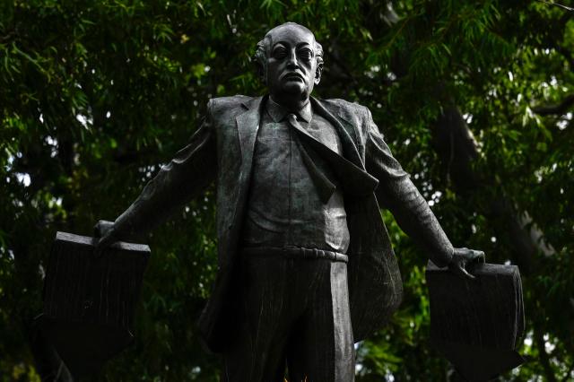 This view shows the monument honoring Nobel Prize-winning author Miguel Angel Asturias in Guatemala City on October 19, 2026. Guatemala marks the anniversary of his birth on October 19, 1899. (Photo by Johan ORDONEZ / AFP)
